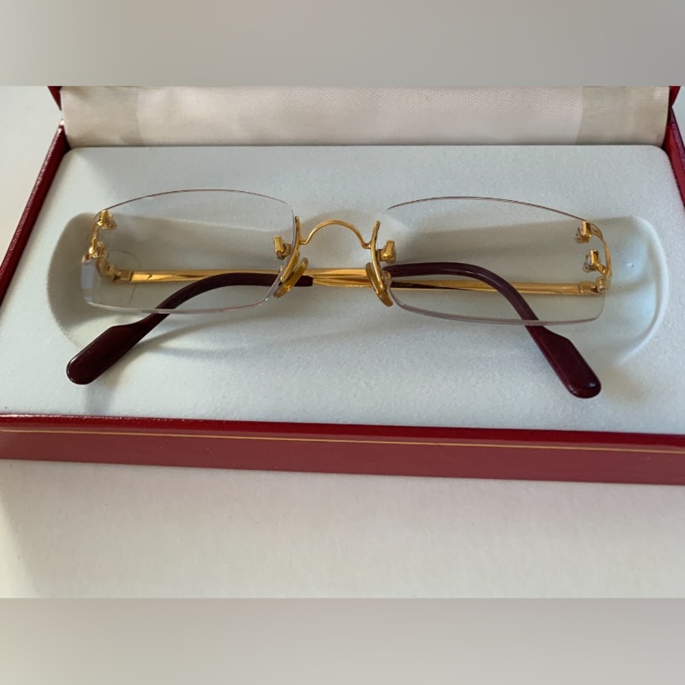 Cartier C Decor 22 K 135 Gold Plated and Burgundy Rectangle Rimless Eyewear - Picture 2 of 8